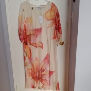 Elegant Floral Midi Dress in Cream and Orange